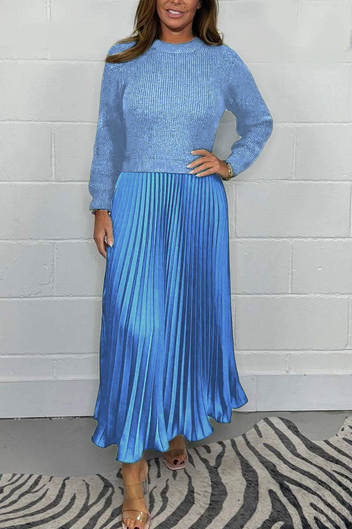 Women's Solid Color Jumper & Pleated Skirt Dress – Elegant 2-Piece Style