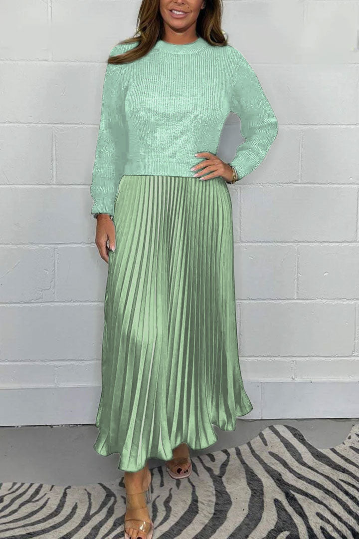 Women's Solid Color Jumper & Pleated Skirt Dress – Elegant 2-Piece Style