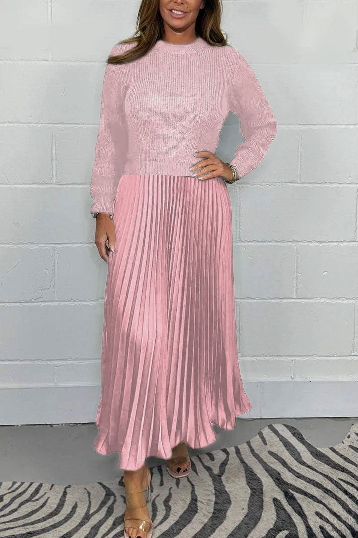 Women's Solid Color Jumper & Pleated Skirt Dress – Elegant 2-Piece Style