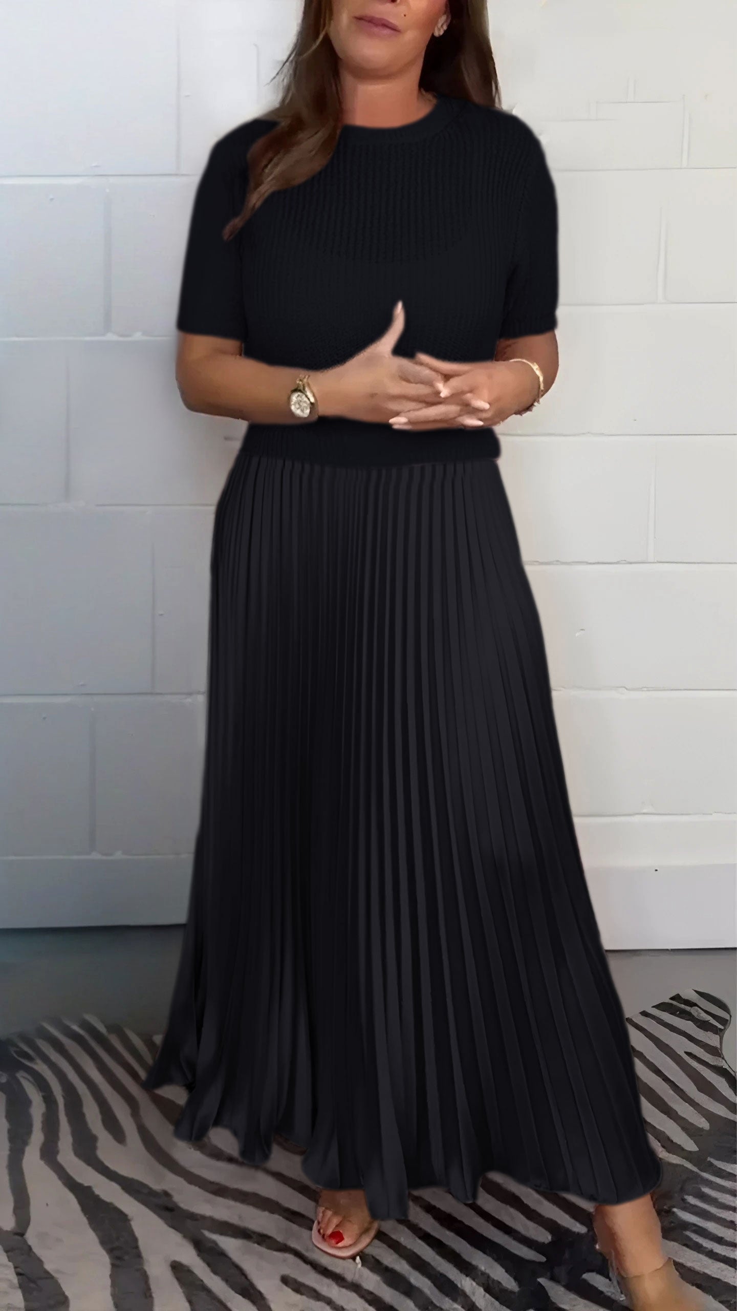Women's Solid Color Jumper & Pleated Skirt Dress – Elegant 2-Piece Style