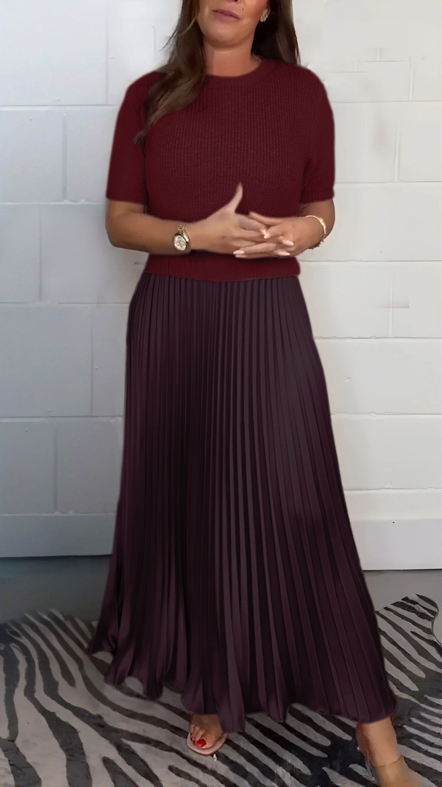 Women's Solid Color Jumper & Pleated Skirt Dress – Elegant 2-Piece Style