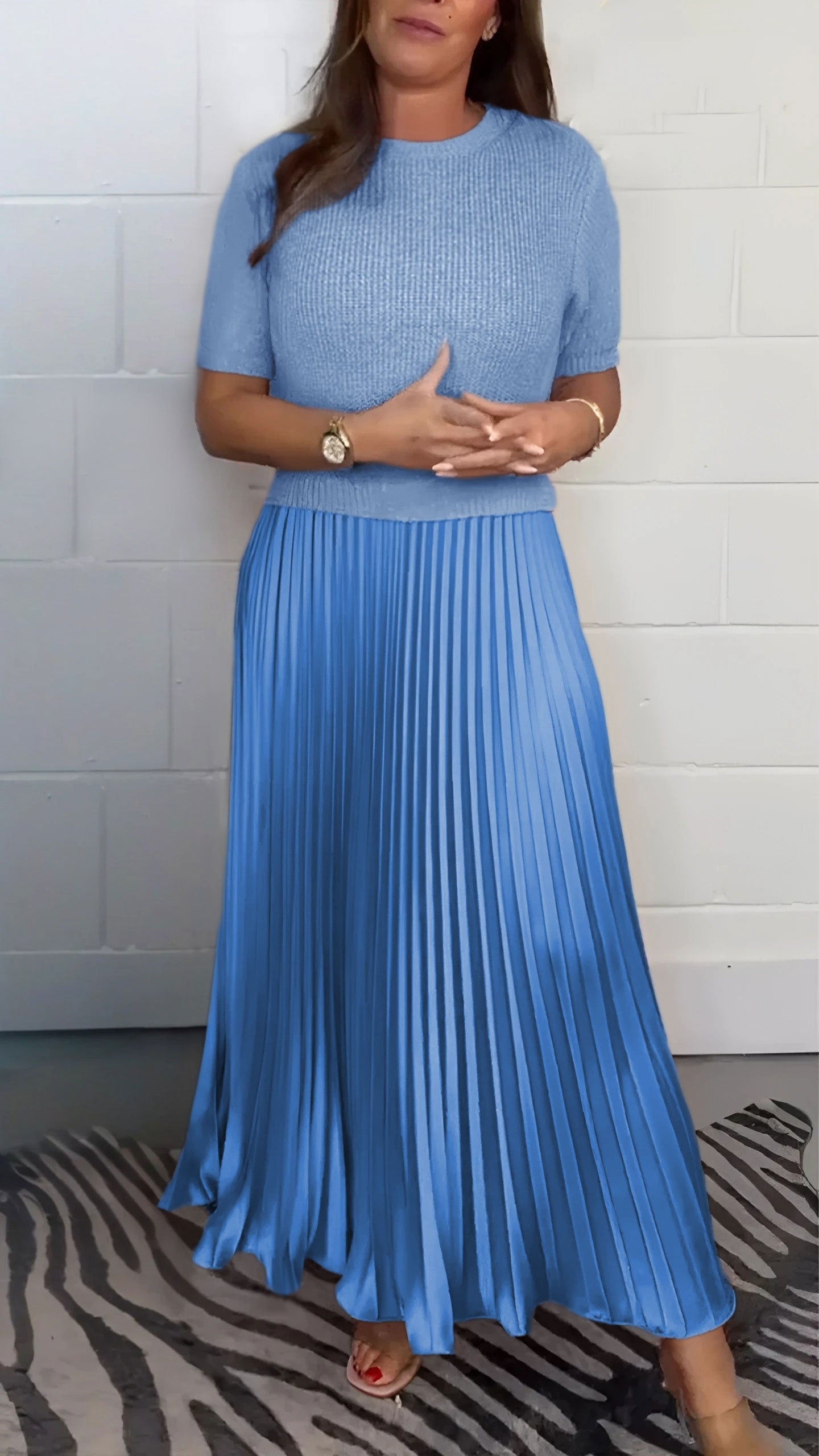 Women's Solid Color Jumper & Pleated Skirt Dress – Elegant 2-Piece Style