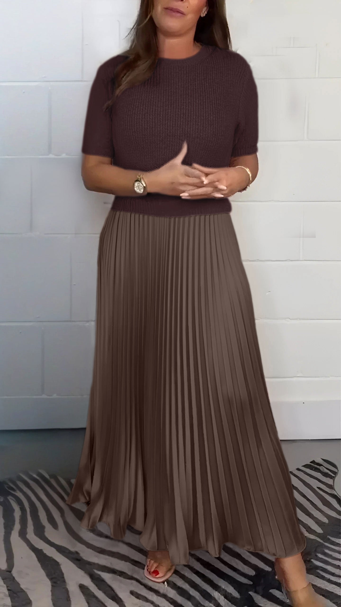 Women's Solid Color Jumper & Pleated Skirt Dress – Elegant 2-Piece Style