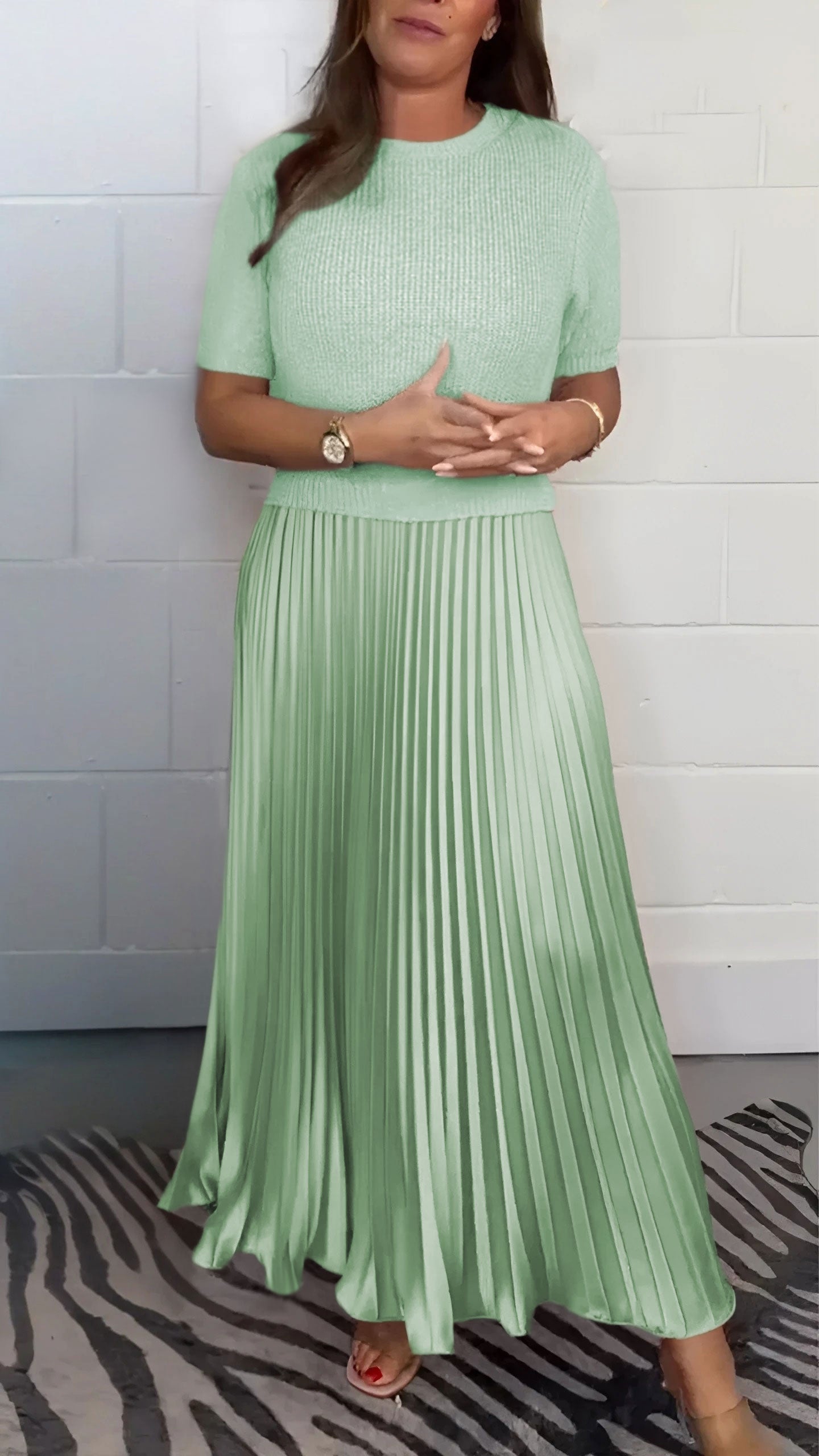 Women's Solid Color Jumper & Pleated Skirt Dress – Elegant 2-Piece Style
