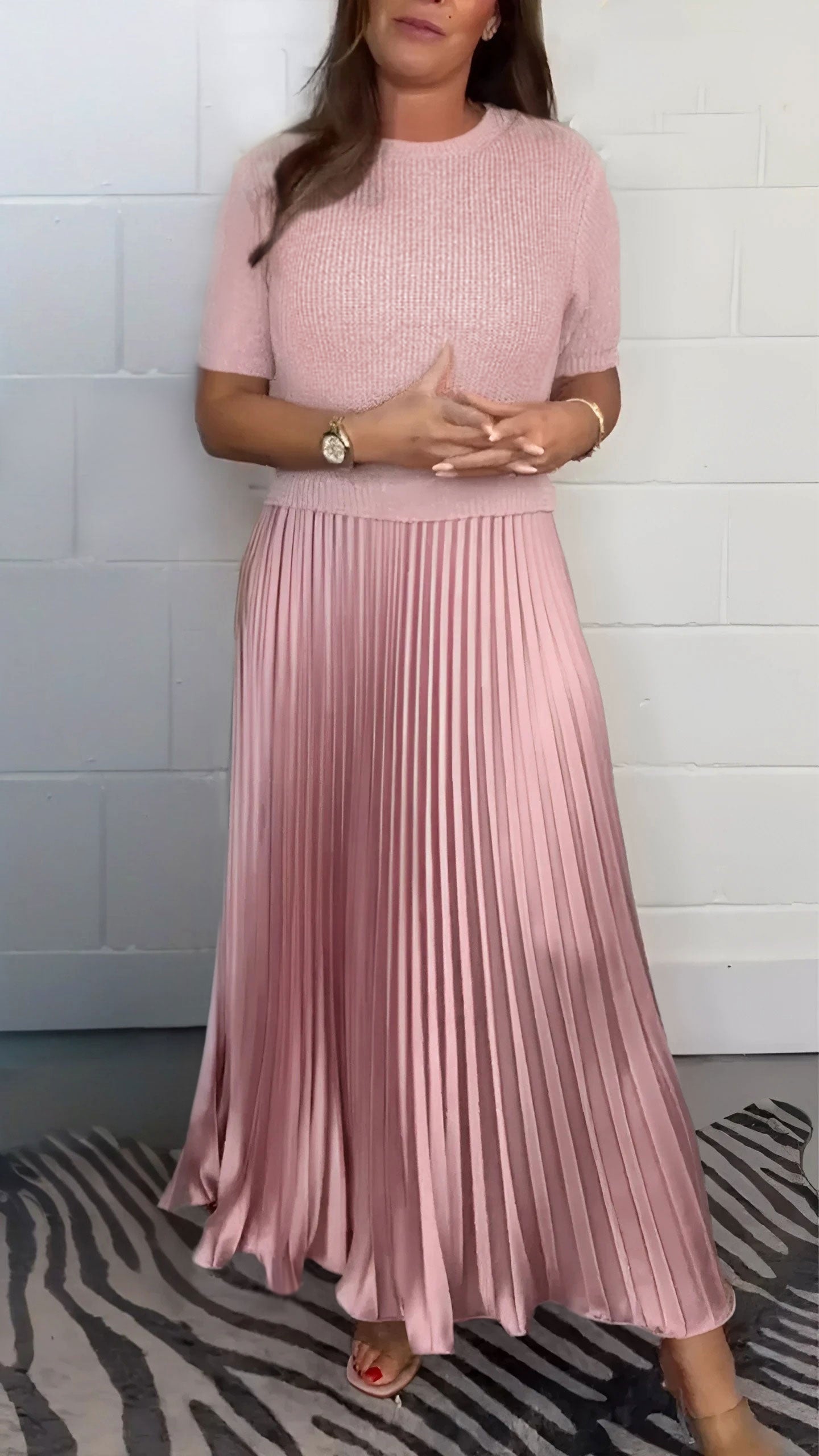 Women's Solid Color Jumper & Pleated Skirt Dress – Elegant 2-Piece Style