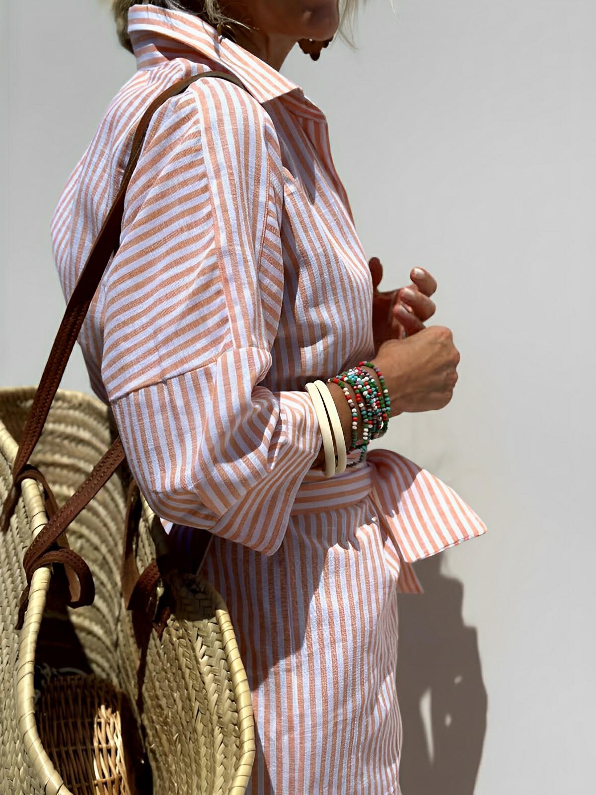 Lace-Up Striped Shirt Dress – Effortless Elegance by Charming Closet