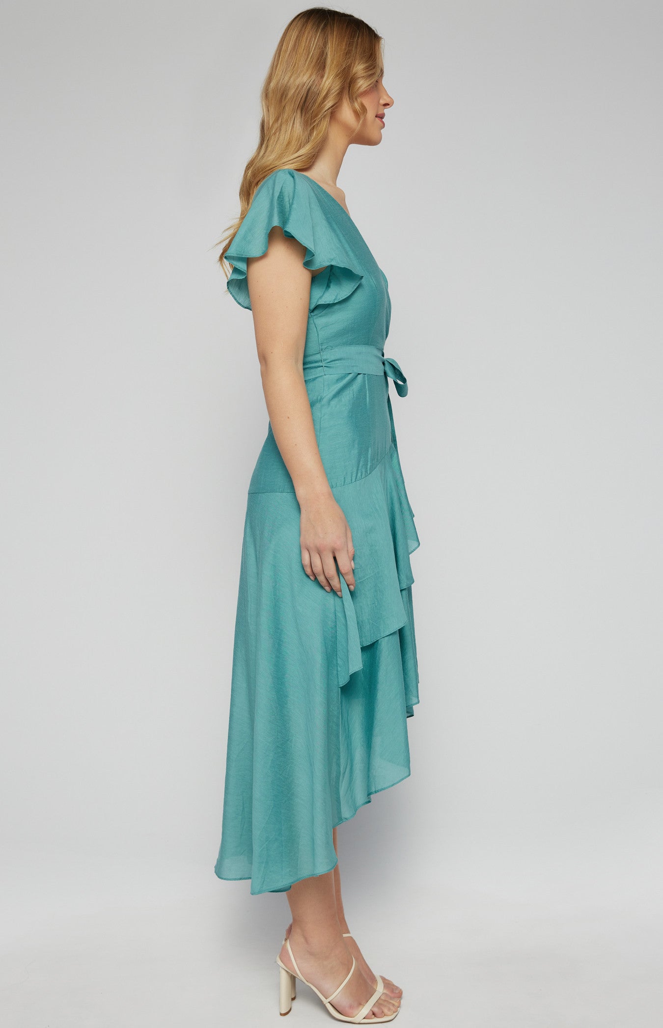Textured Waterfall Frill Hem Midi Dress