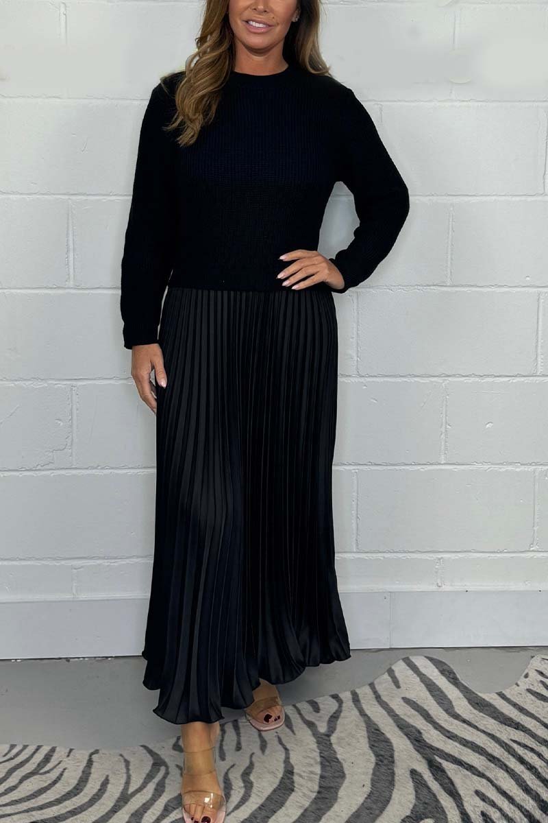 Women's Solid Color Jumper & Pleated Skirt Dress – Elegant 2-Piece Style