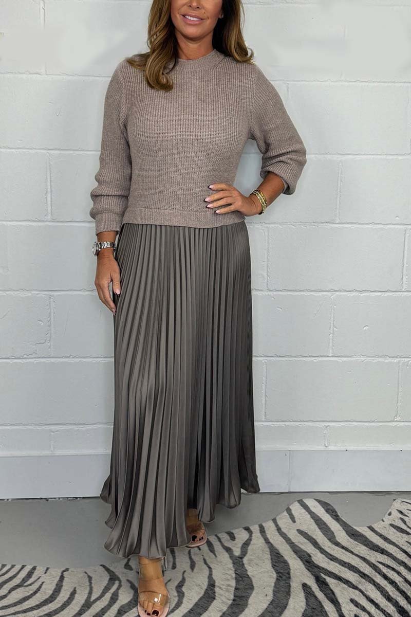 Women's Solid Color Jumper & Pleated Skirt Dress – Elegant 2-Piece Style