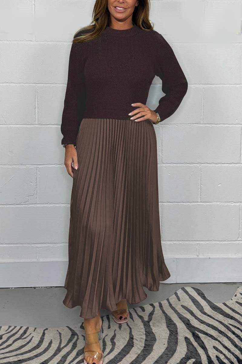 Women's Solid Color Jumper & Pleated Skirt Dress – Elegant 2-Piece Style