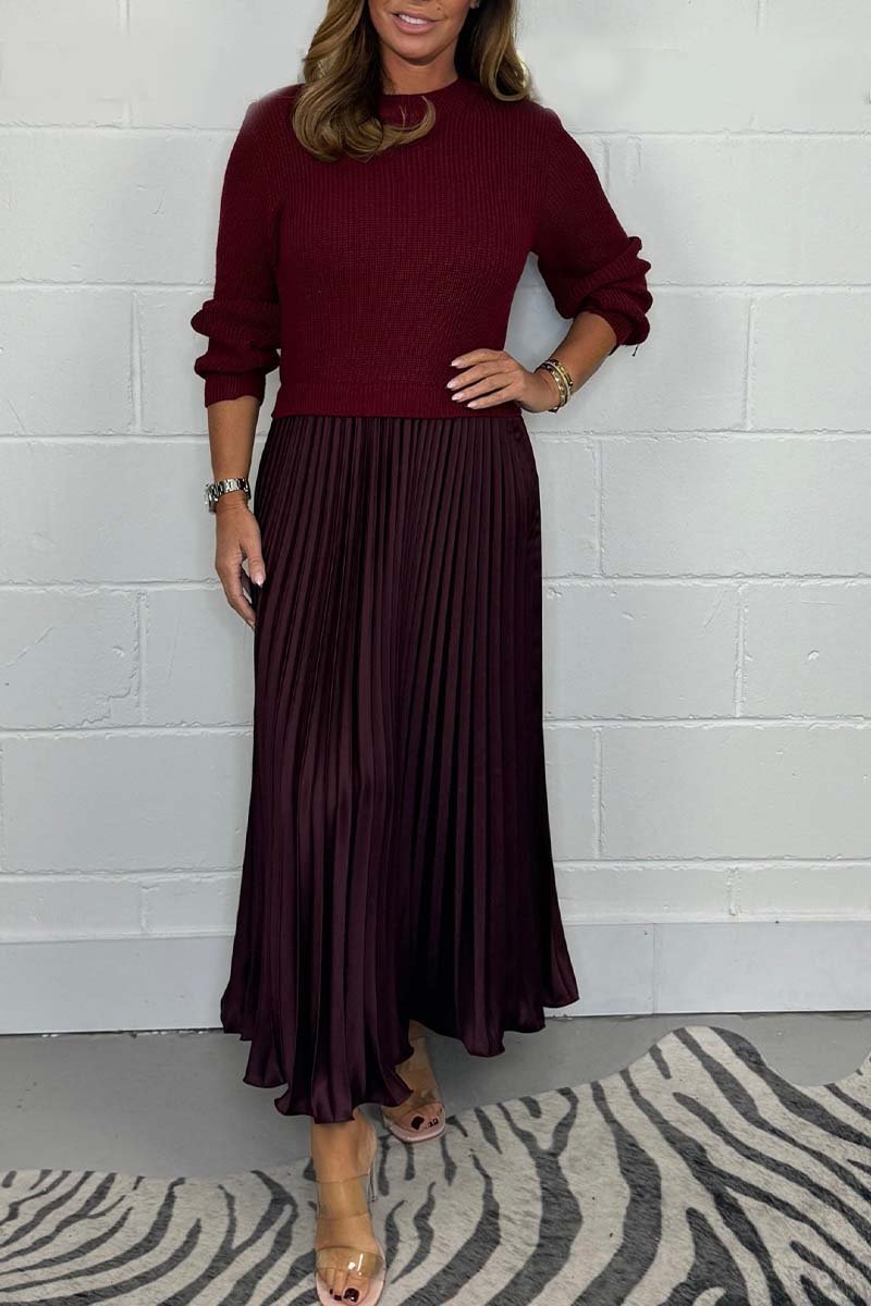 Women's Solid Color Jumper & Pleated Skirt Dress – Elegant 2-Piece Style