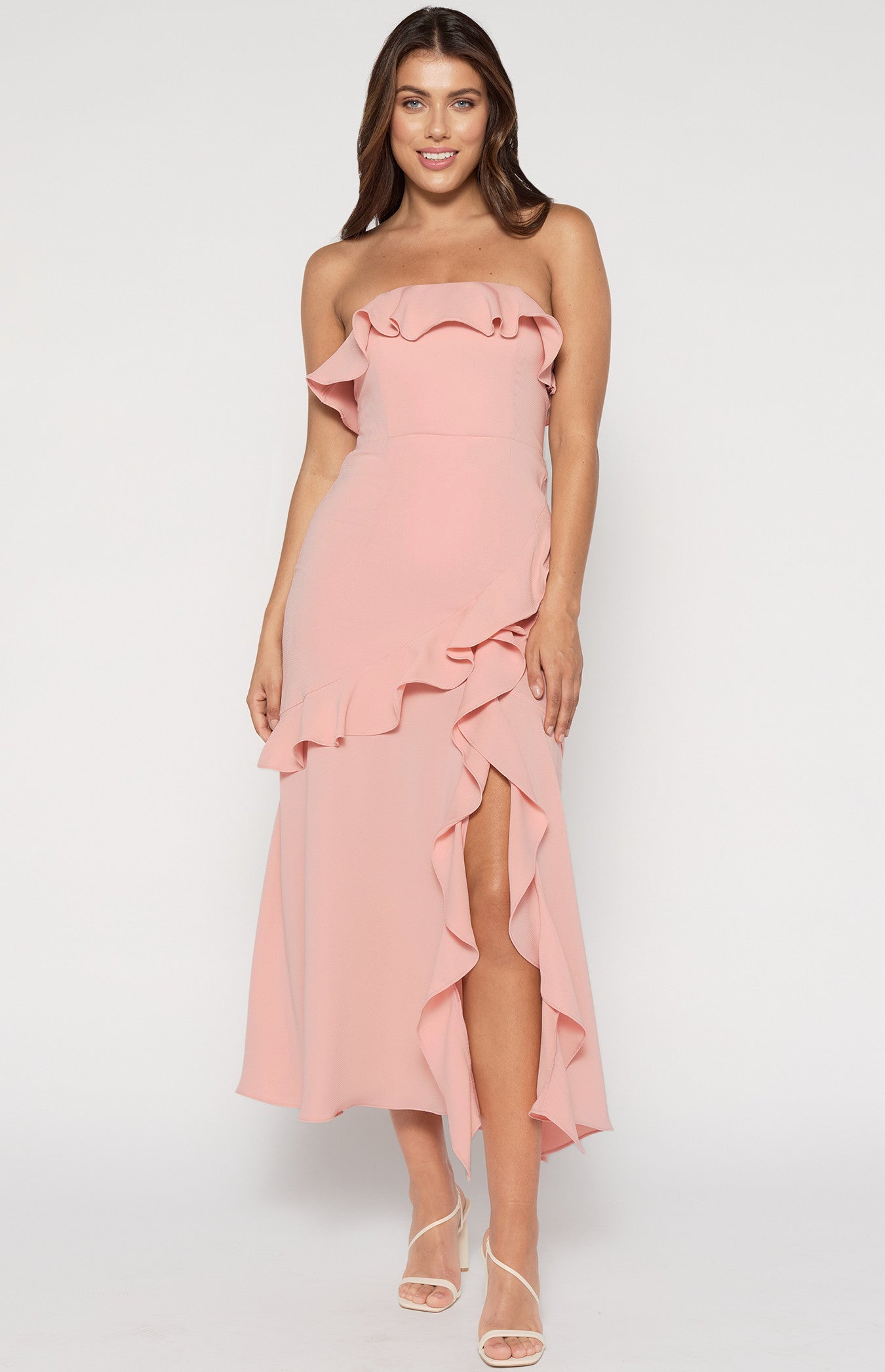 Cascade Frill Strapless Maxi Dress