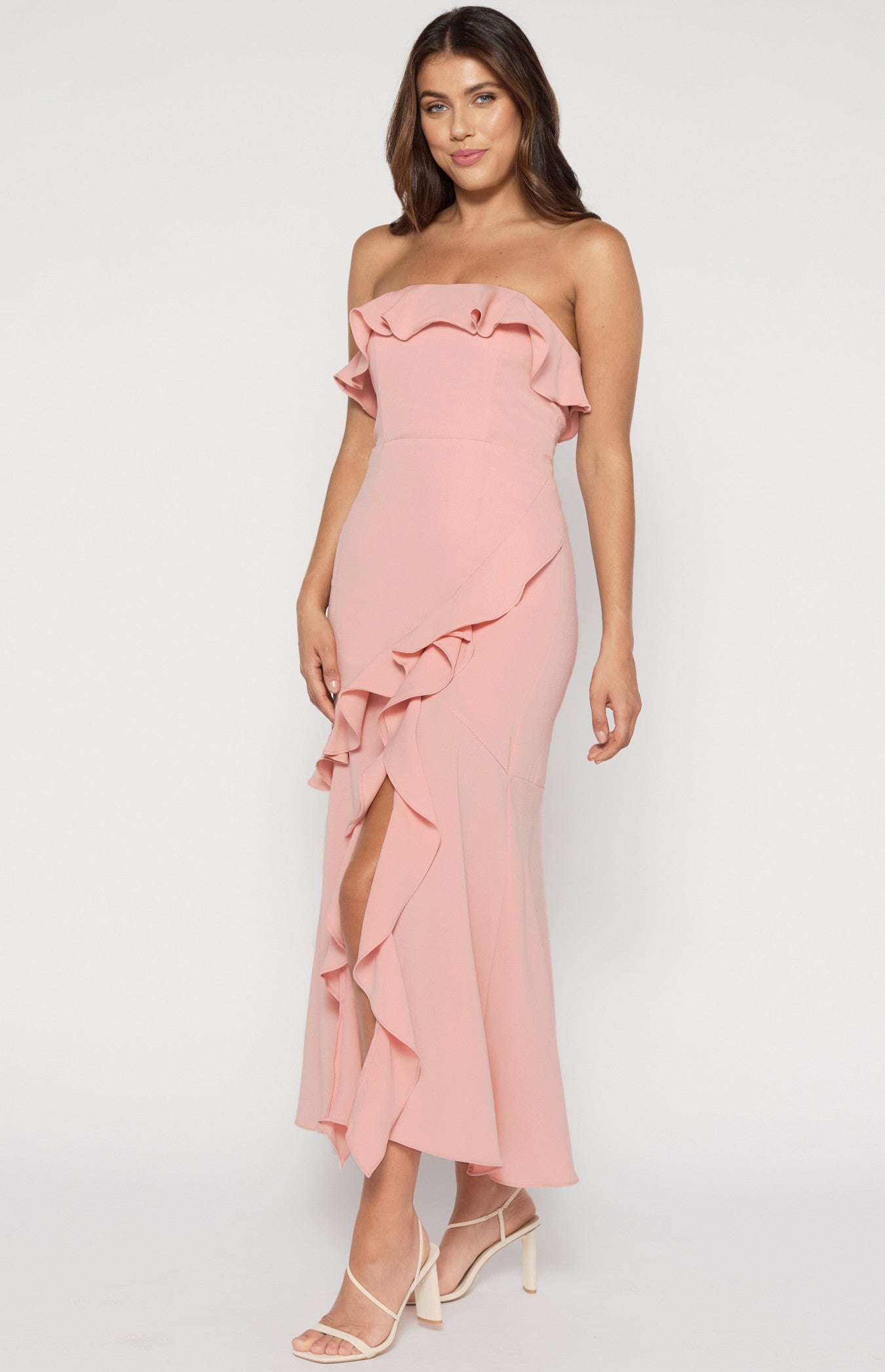 Cascade Frill Strapless Maxi Dress