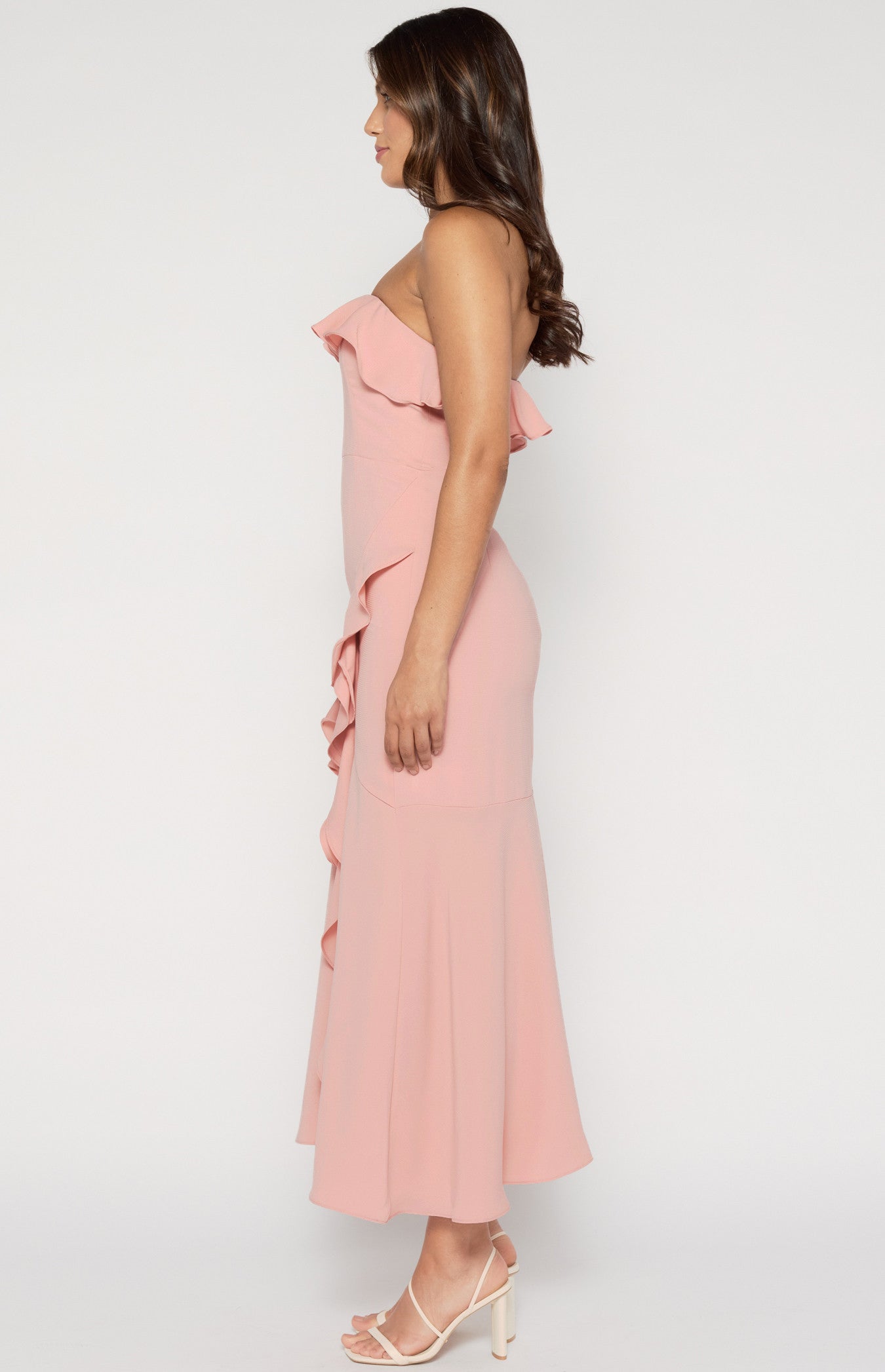 Cascade Frill Strapless Maxi Dress