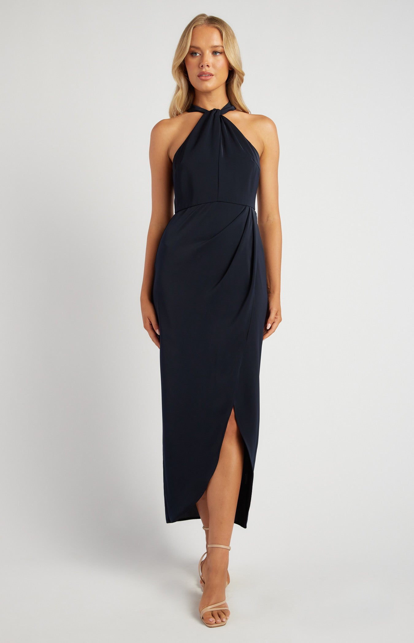 Halter Neckline Satin Midi Dress with Tulip Hem