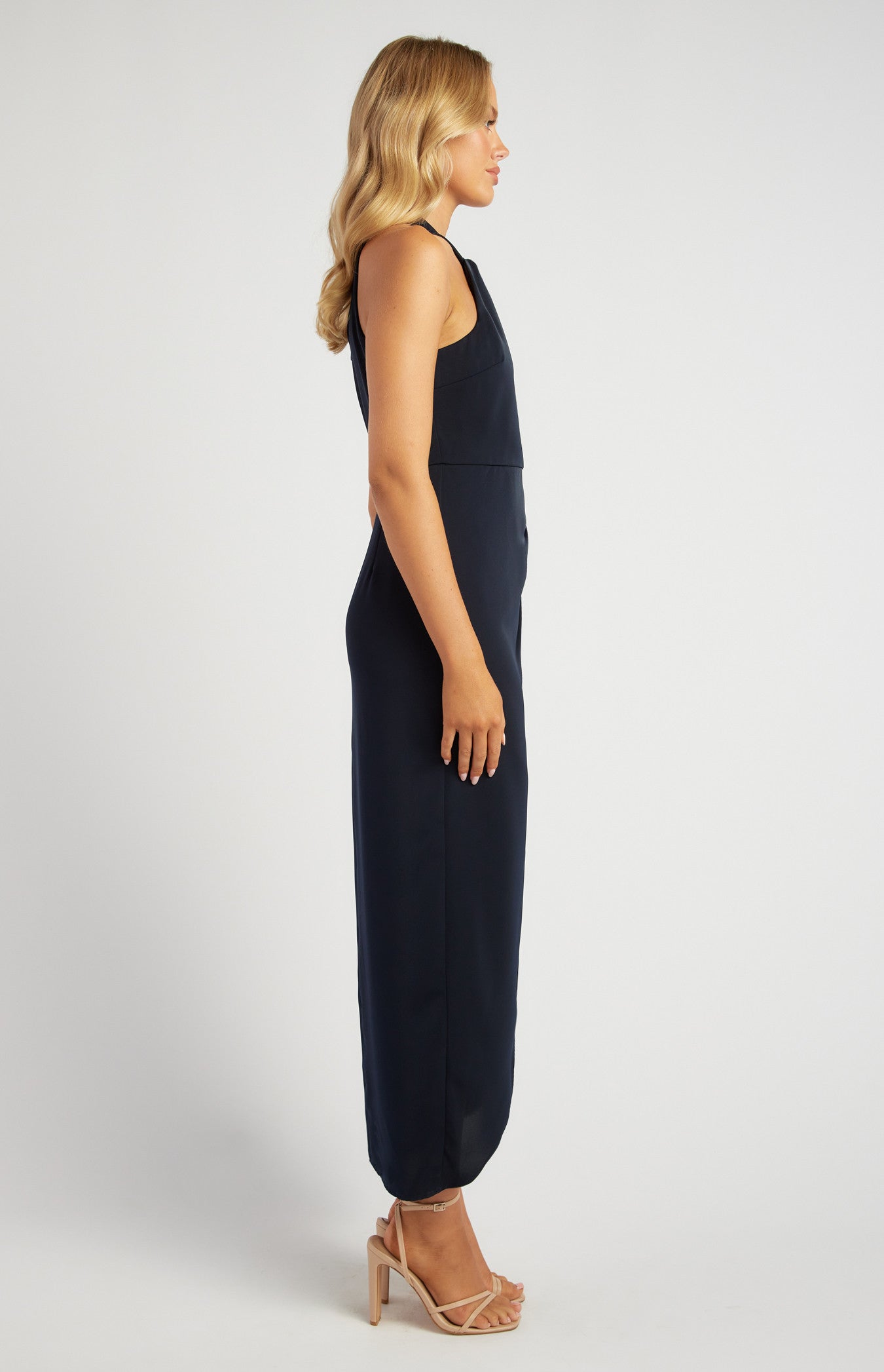 Halter Neckline Satin Midi Dress with Tulip Hem