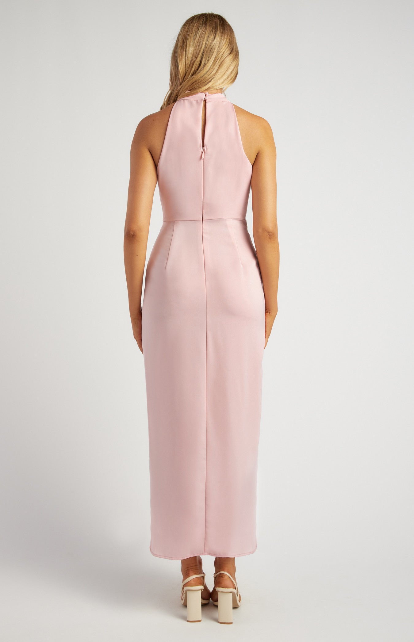 Halter Neckline Satin Midi Dress with Tulip Hem