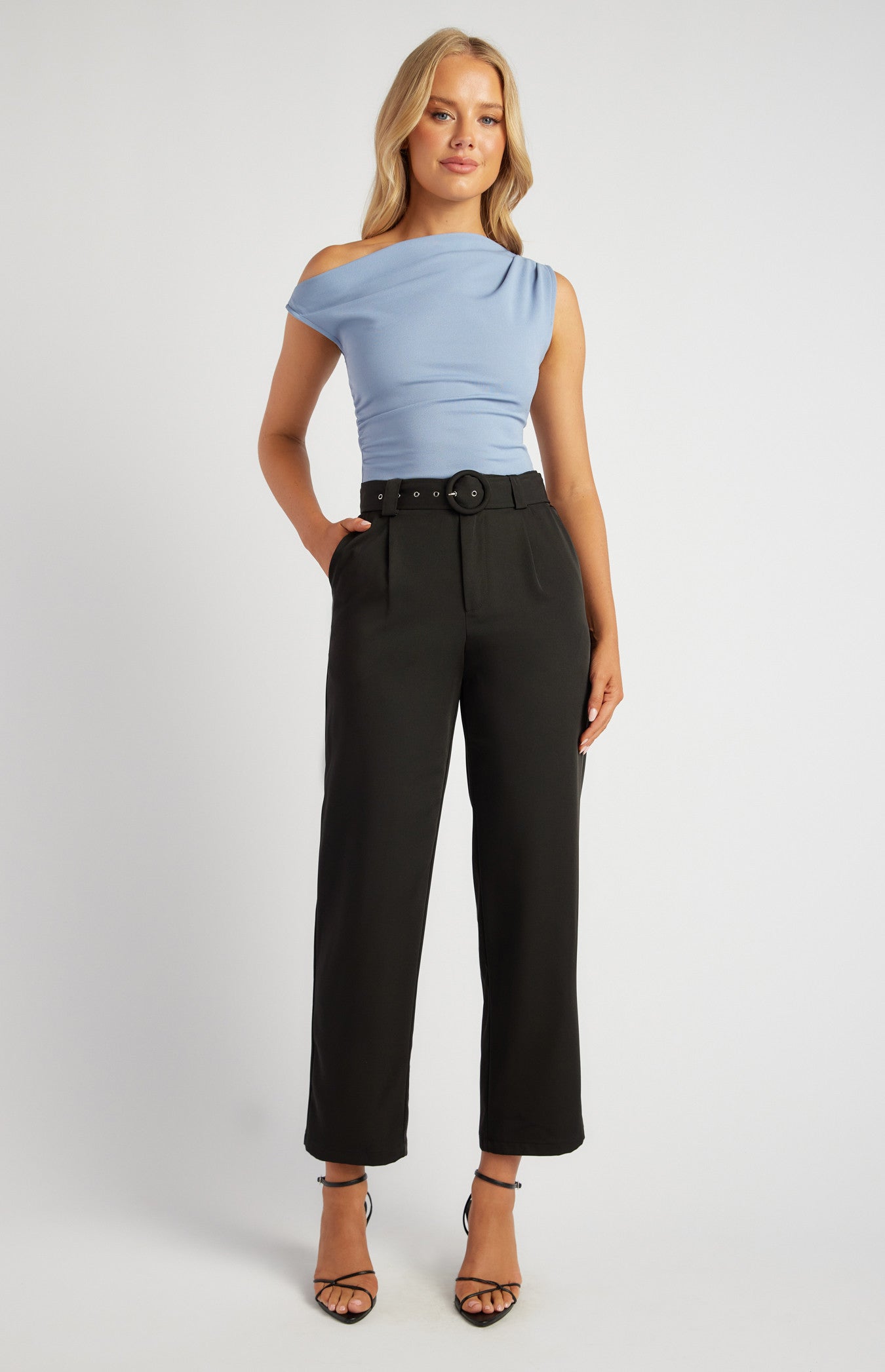 High-Waisted Tapered Pants with Round Self-Fabric Buckle
