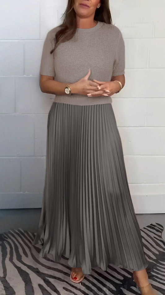 Women's Solid Color Jumper & Pleated Skirt Dress – Elegant 2-Piece Style