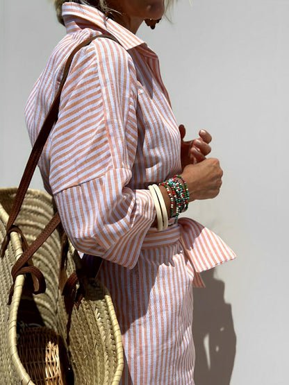 Lace-Up Striped Shirt Dress – Effortless Elegance by Charming Closet