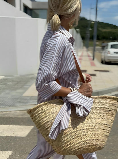 Lace-Up Striped Shirt Dress – Effortless Elegance by Charming Closet