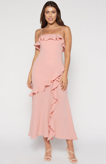 Cascade Frill Strapless Maxi Dress
