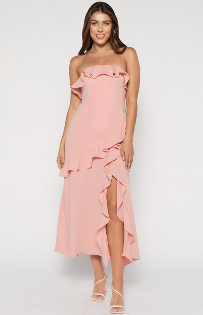 Cascade Frill Strapless Maxi Dress