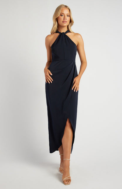 Halter Neckline Satin Midi Dress with Tulip Hem