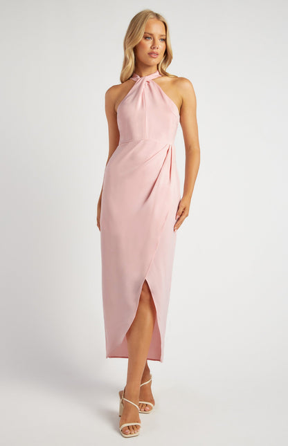 Halter Neckline Satin Midi Dress with Tulip Hem