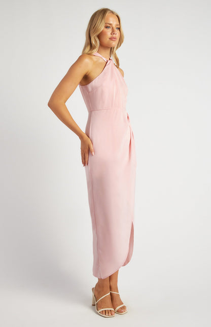 Halter Neckline Satin Midi Dress with Tulip Hem