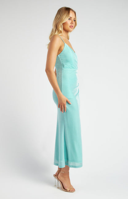 Metallic Mesh Maxi Dress with Side Pleat