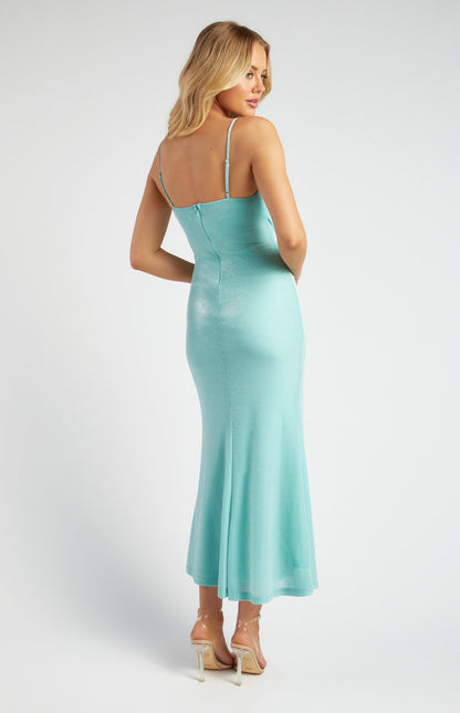 Metallic Mesh Maxi Dress with Side Pleat
