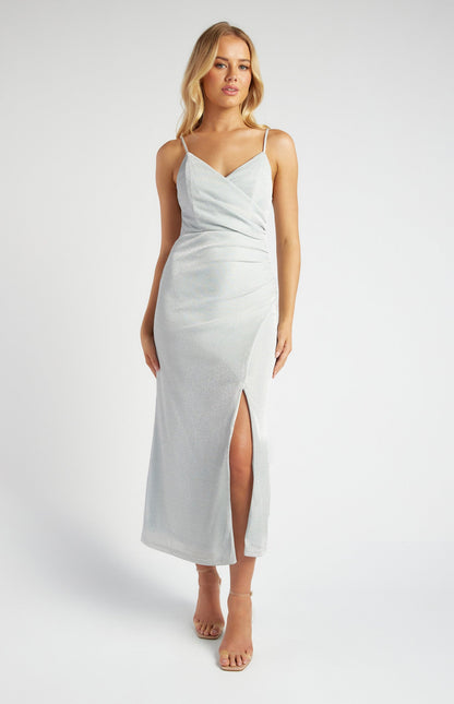 Metallic Mesh Maxi Dress with Side Pleat