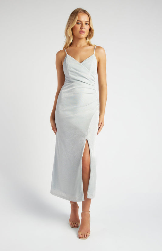 Metallic Mesh Maxi Dress with Side Pleat