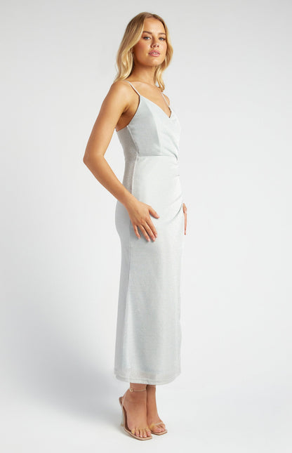 Metallic Mesh Maxi Dress with Side Pleat
