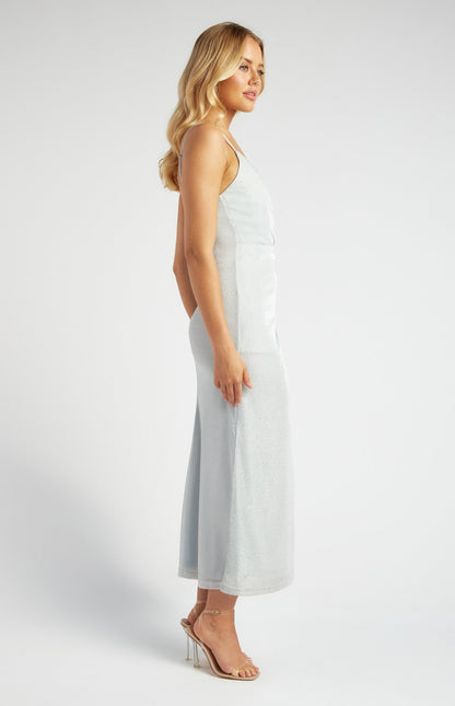 Metallic Mesh Maxi Dress with Side Pleat