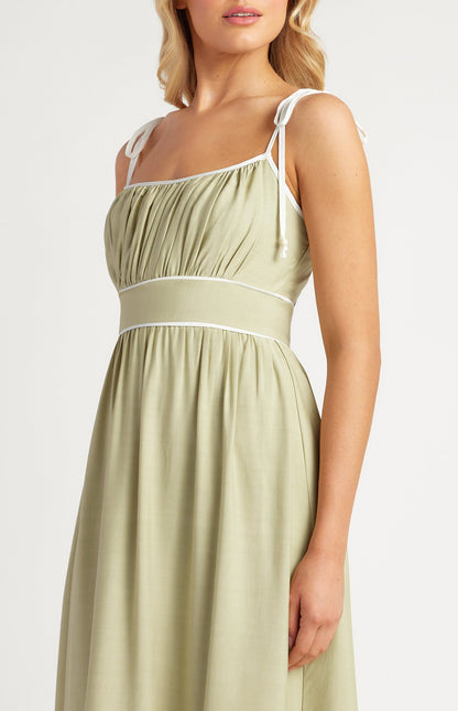 Cotton Blend Contrast Binding Midi Dress with Shoulder Tie