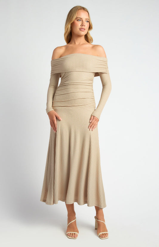 Off Shoulder Ruched Bodice Textured Maxi Dress