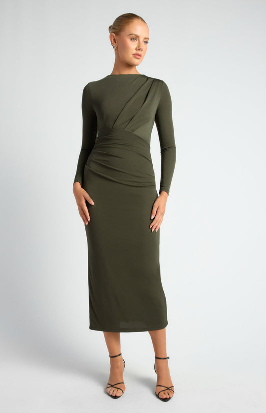 Pleated Detail Stretch Jersey Midi Dress