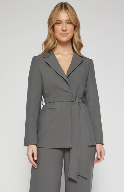 Collared Blazer with Pockets and Tie Belt