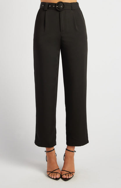 High-Waisted Tapered Pants with Round Self-Fabric Buckle
