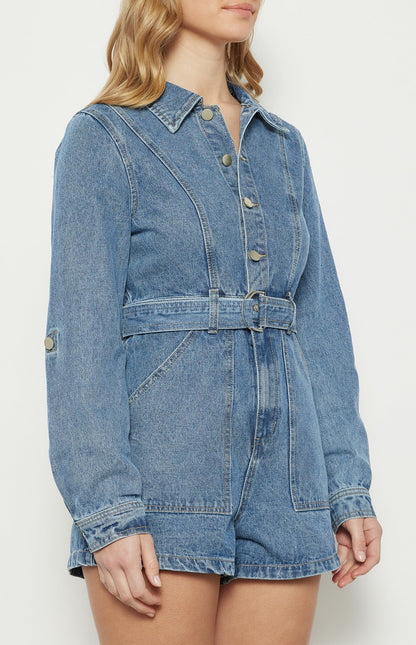Button-Up Denim Playsuit with D-Ring Belt