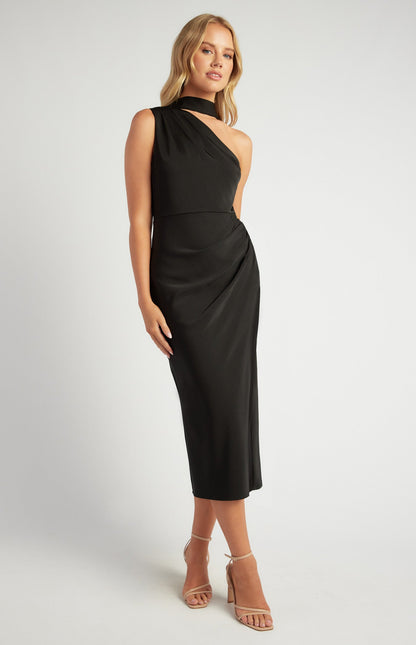 Pleated Detail Satin Dress with Detachable Scarf