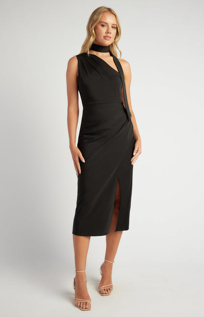Pleated Detail Satin Dress with Detachable Scarf