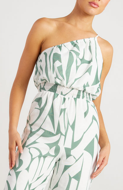 Faux Linen Placement Print Jumpsuit with Shirred Waist