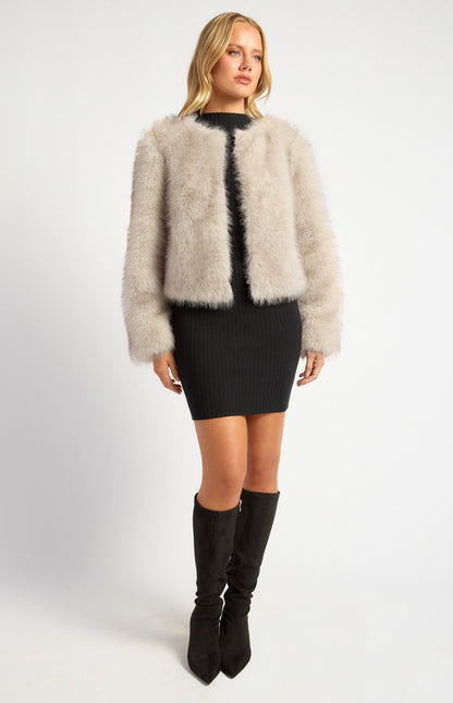 Faux Fur Coat with Hook and Eye Closure