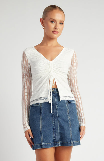 Front Drawstring Detail Stretch Lace Top