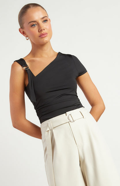 D-Ring Buckle Shoulder Detail Ruched Jersey Top
