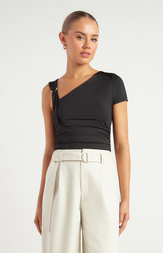 D-Ring Buckle Shoulder Detail Ruched Jersey Top