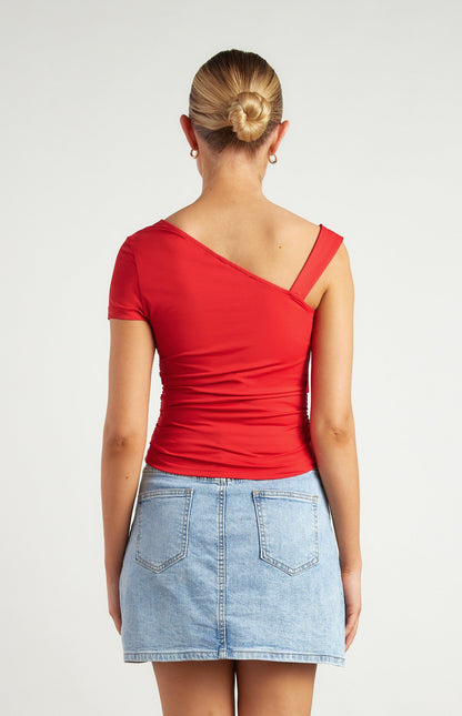 D-Ring Buckle Shoulder Detail Ruched Jersey Top